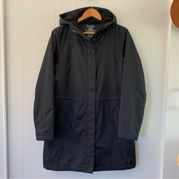 LL Bean Winter Warmer Coat Parka Long Jacket Black Sherpa Hood Adjustable Waist - Picture 3 of 13